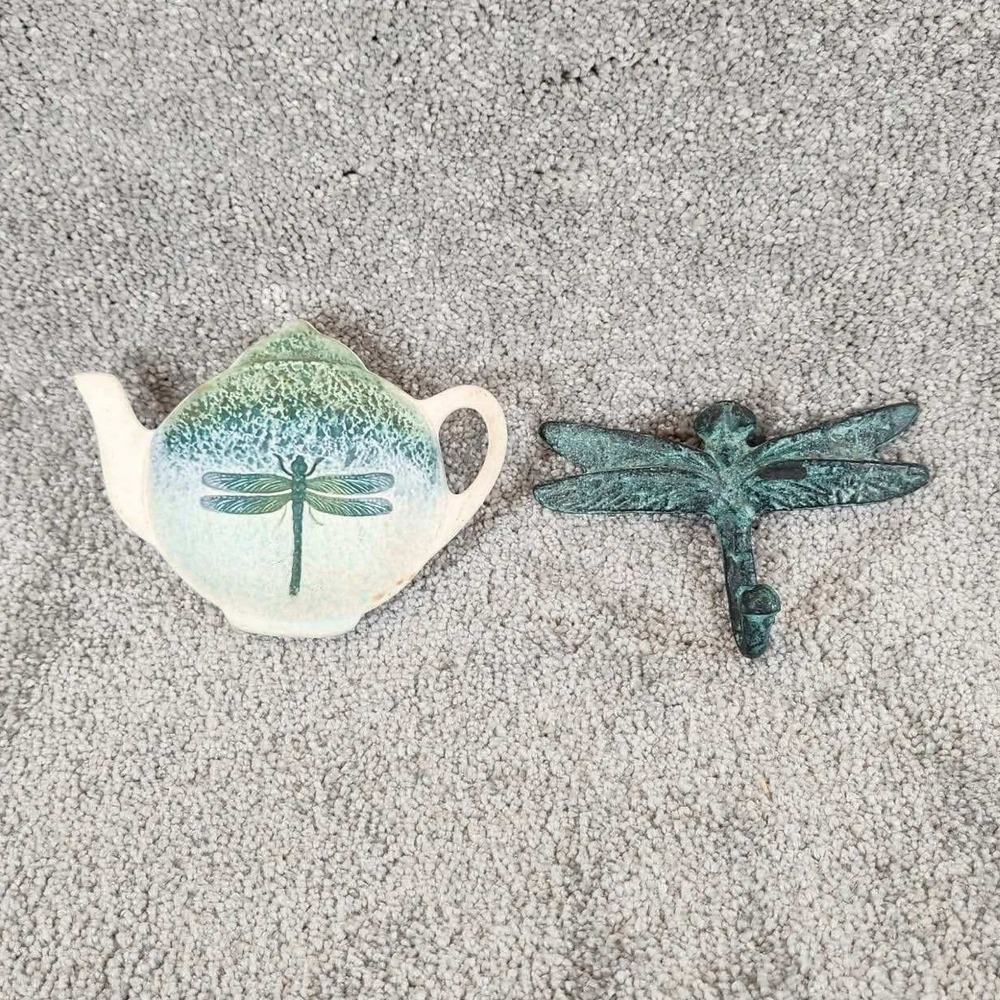 PAC Tea Bag Rest & Dragonfly Wall Hook Green Verdigris Cast Iron Ceramic Set
